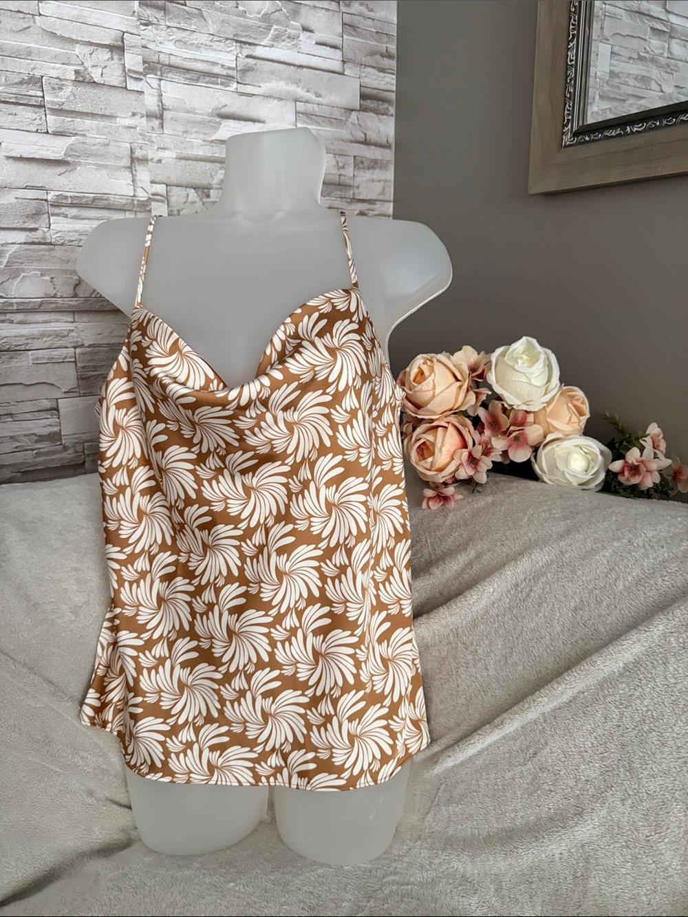 Worthington Brown and White Floral Cowl Neck Camisole